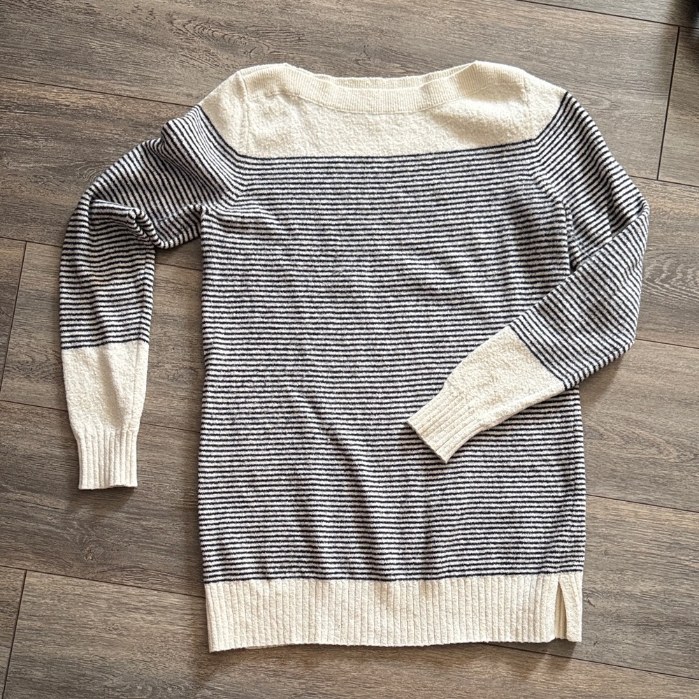 LOFT Striped Black and Cream Crew Neck Sweater